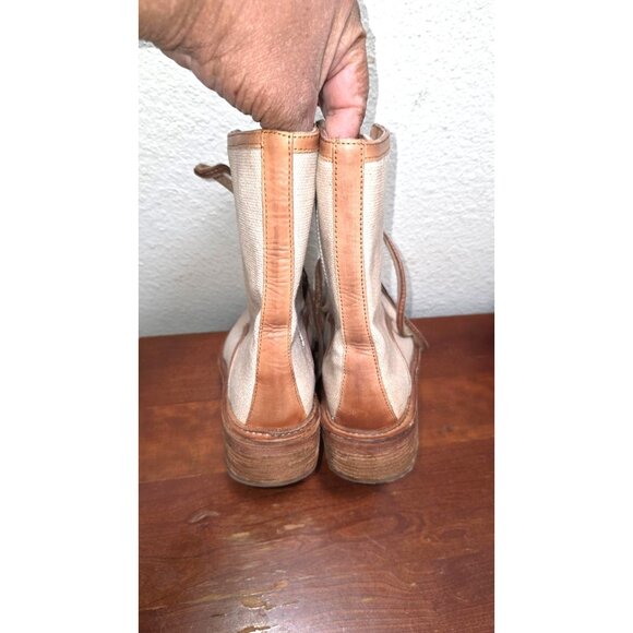 Vintage Foundry Women's 8 Beige & Brown Canvas Leather Lace-Up Combat Boots - Picture 4 of 10